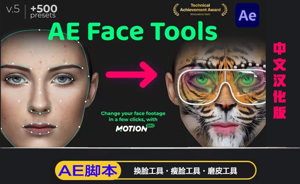 AE脚本|人脸面部跟踪合成换脸表情美颜变形美容滤镜特效插件预设 AE Face Tools V5.2 + 使用教程自动草稿