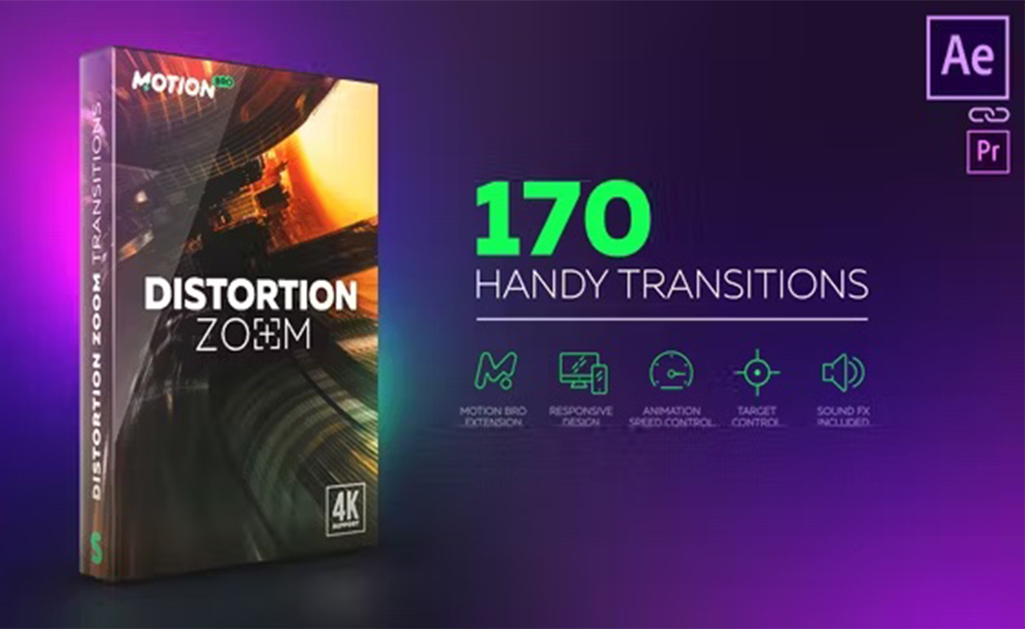 AE脚本|官方16刀的170组视频变焦缩放转场预设 Distortion Zoom Transitions含教程一键安装